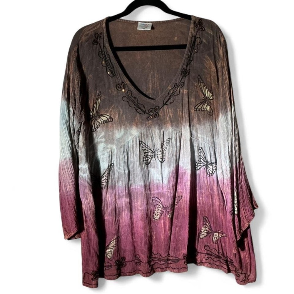 Greater Good Whimsigoth Butterfly Tie Dye Ombre Embroidered Top XXL Lagenlook